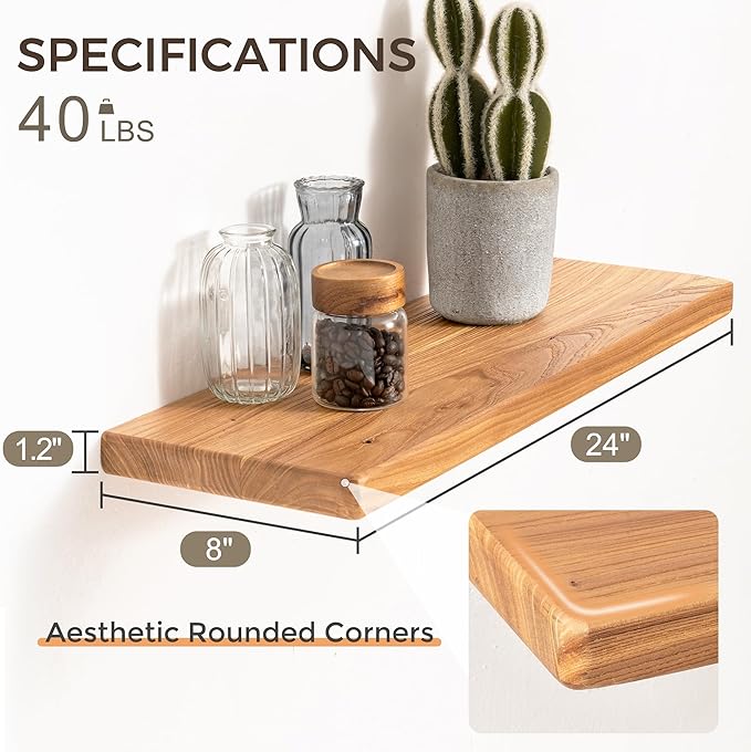 24" Rustic Elm Wood Floating Shelves, 8 Inch Deep Wall Shelves for Home Decor, Wall Mounted Floating Shelf with Invisible Bra