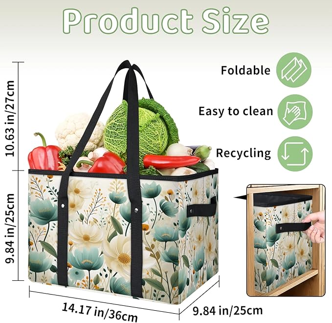 Reusable Grocery Bags Heavy Duty Shopping Bags Foldable Large Tote Bags with Long Handles & Hard Bottom