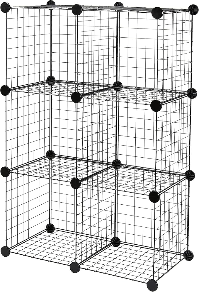 Amazon Basics 6-Cube Wire Grid Stackable Storage Organizer, Metal Shelving Unit, No-Tool Assembly, 26"W x 38"H x 12.6"D, Blac