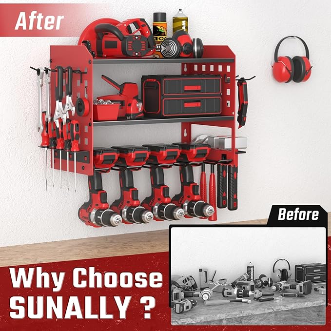 SUNALLY Power Tool Organizer, Heavy Duty Wall Mount Tool Organizer 3 Layers with 4 Drill Holders, Garage Tools Storage Rack w