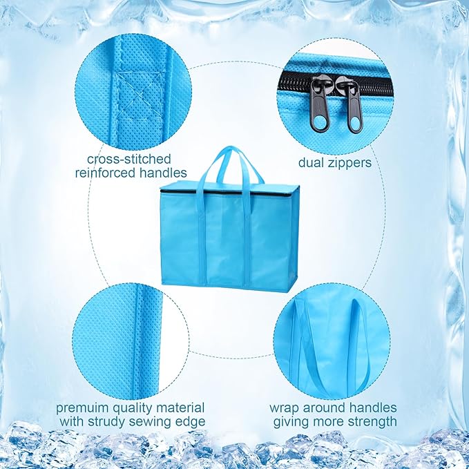 3 Pack XL-Large Insulated Reusable Grocery Bags Foldable Cooler Bag Collapsible Shopping Tote for Groceries Stands Upright Storage Bags with Zippered Top and Handles for Food Deliver(Blue)