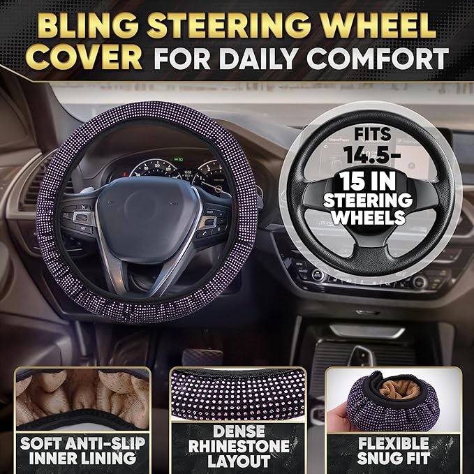 Purple Car Accessories Set, 27 Pieces – Bling Car Accessories for Women, Steering Wheel Cover, Rearview Mirror, Air Vent, Dashboard and Console Rhinestone Decor - Universal Fit Interior Styling Kit