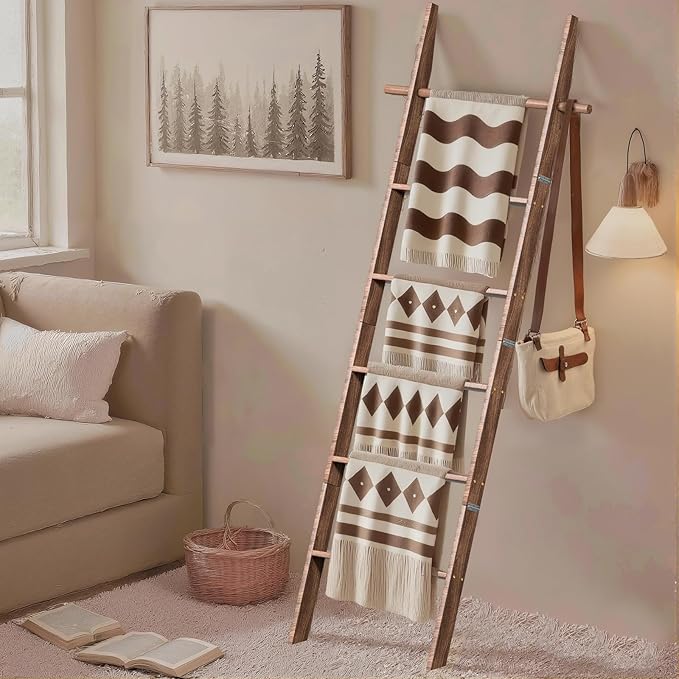 Farmhouse Wooden Blanket Ladder with Removable Hooks, 6-Tier Rustic Blanket Rack Decorative Stand, Leaning Towel Quilt Rack H
