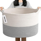65L Large Woven Cotton Rope Blanket Basket with Handles, Laundry Hamper Storage Bin for Pillows, Comforters,Clothes, Bedroom 