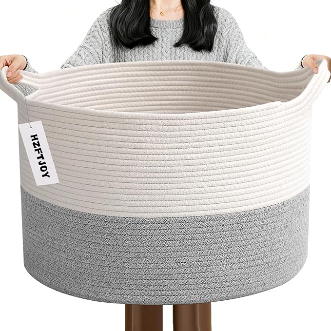 65L Large Woven Cotton Rope Blanket Basket with Handles, Laundry Hamper Storage Bin for Pillows, Comforters,Clothes, Bedroom 