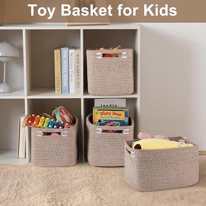OIASKET Storage Baskets for Organizing, Woven Decorative Baskets for Shelves - Books, Towels, and Clothes, Cotton Rope Toy St