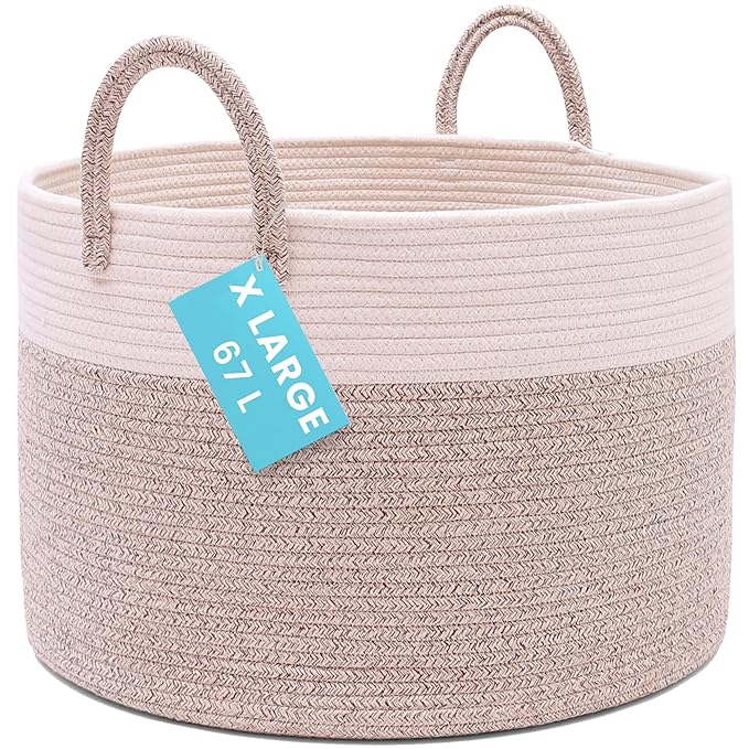 OrganiHaus Large Woven Storage Basket for Blankets and Toys 20" x 13" Inch, Rope Laundry Basket with Handles, Cushions & Pill