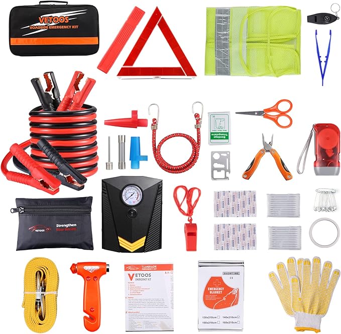 Vetoos Car Roadside Emergency Kit with Jumper Cables, Auto Vehicle Safety Road Side Assistance Kits, Winter Car Kit for Women