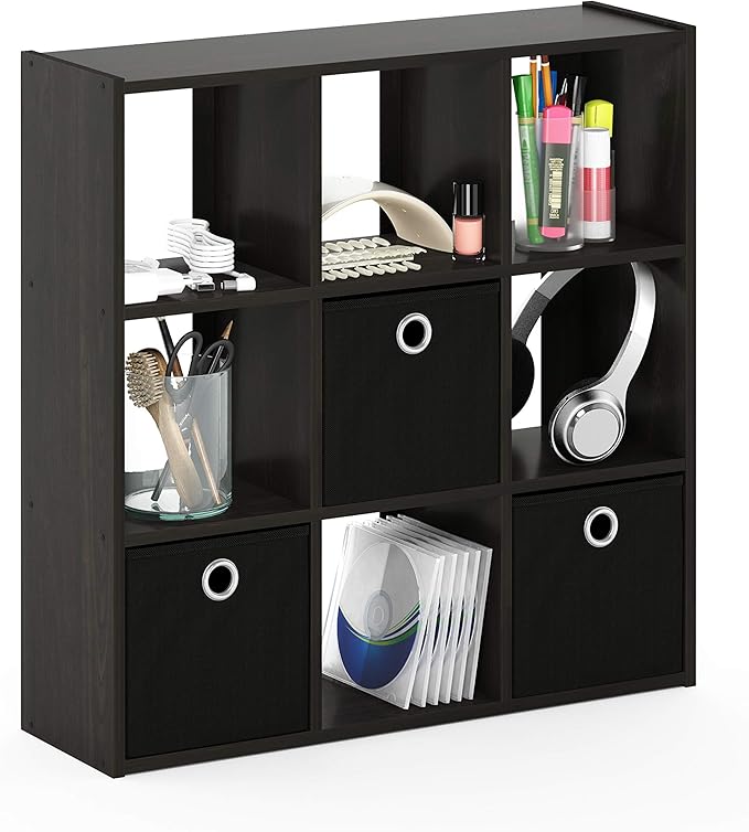 Furinno Simplistic 9-Cube Organizer with Bins, Small Size (Assembled unit dimensions : 7.9"D x 26.5"W x 26.7"H inches), Espre