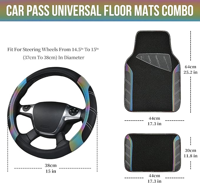 CAR PASS Leather Steering Wheel Cover and Waterproof Car Floor Mats,Microfiber Universal Car Combo Fit for 95% Sedan,SUV,Cars
