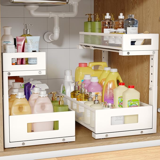 2 Pack 17IN Depth Under Sink Storage Organizer, Large 2-Tier Elegant Mesh Pull Out Shelf for Kitchen and Bathroom Cabinet Org