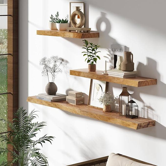 Rustic Wood Floating Shelves for Wall Decor, Reclaimed Elm Wood Live Edge Shelves 48 Inch Long, 8 Inch Deep Floating Shelf fo