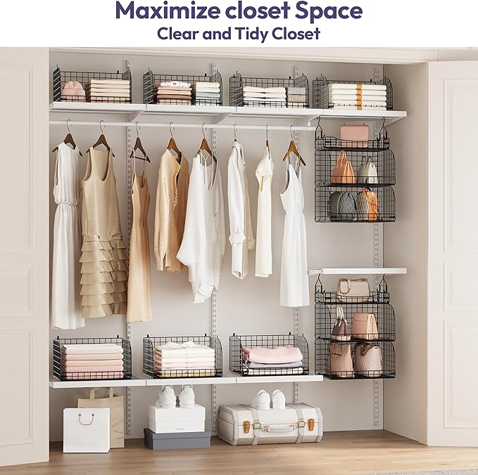 SWTYMIKI Hanging Closet Organizer Storage - 3 Tier Metal Stackable Hanging Closet Shelves with Dividers and S Hooks, Foldable