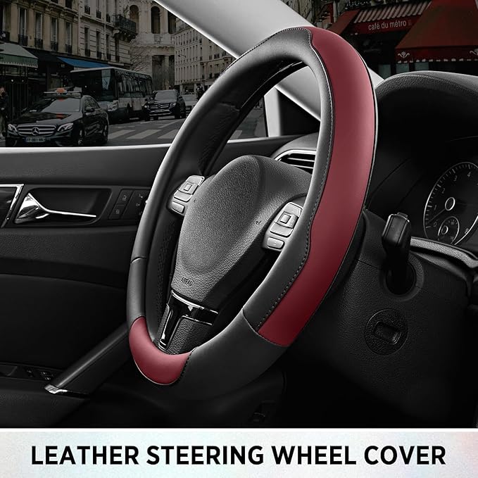 Road Comforts Steering Wheel Cover, Breathable Anti-Slip Leather Steering Wheel Cover, Universal Fit 14.5–15 Inch, Comfortabl