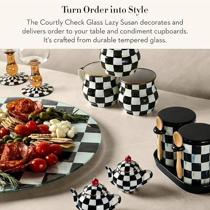 MACKENZIE-CHILDS Glass Lazy Susan, Cute Rotating Serving Board, Black-and-White Courtly Check