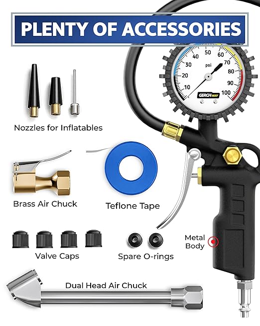 Tire Inflator with Pressure Gauge – Large Glow Dial, Swivel Air Chuck with Gauge and Air Compressor Accessories – 100 PSI