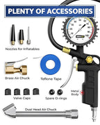 Tire Inflator with Pressure Gauge – Large Glow Dial, Swivel Air Chuck with Gauge and Air Compressor Accessories – 100 PSI