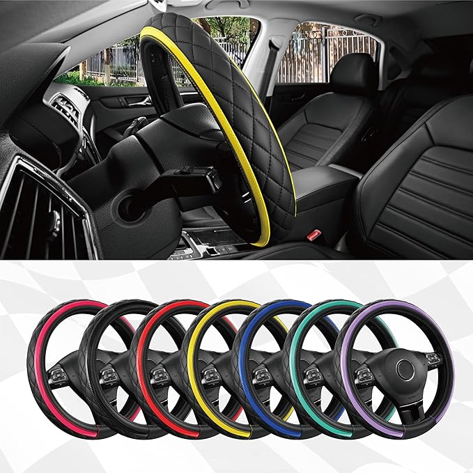 Road Comforts Leather Steering Wheel Cover – Black & Yellow, Universal Fit 14.5-15 Inch, Microfiber Leather, Anti-Slip & Brea