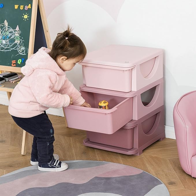 Qaba 3 Tier Kids Storage Unit, 3 Drawer Chest Toy Organizer Plastic Bins for Kids Bedroom Nursery Kindergarten Living Room fo