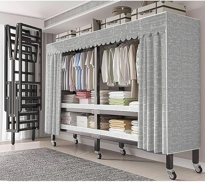 Metal Mobile Clothes Drying Rack - Fabric Wardrobe Closet, With Cover And Wheels Collapsible Clothes Rack, Heavy Duty Portabl