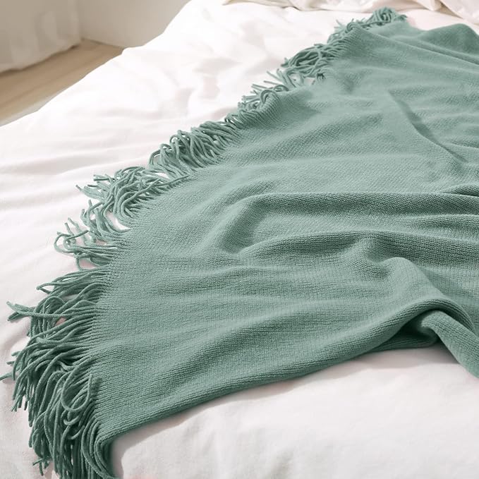 Homiest Decorative Knitted Throw Blanket with Fringe, Lightweight Acrylic Knit, Soft & Cozy Tassel Blanket for Couch, Sofa, B