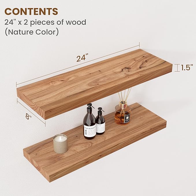 Floating Shelves for Wall Decor, 8" Deep Rustic Solid Elm Wood Floating Shelves Wall Mounted, Wall Shelves with Invisible Bra