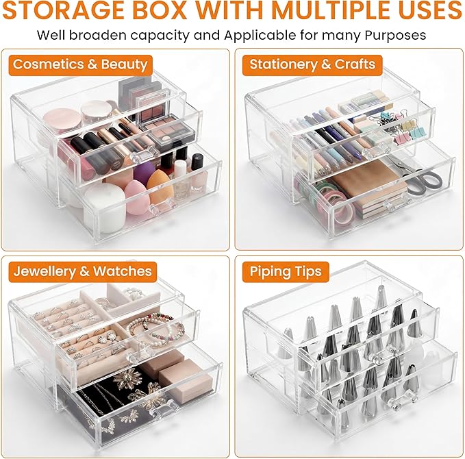 Acrylic Makeup Organizer 2 Drawer Transparent Makeup Storage Box with DIY Flower Nails Tips Jewelry Cosmetic Organizer Dustpr