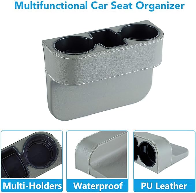 IOKONE Coin Side Pocket Console Side Pocket Leather Cover Car Cup Holder Auto Front Seat Organizer Cell Mobile Phone Holder (Gray)