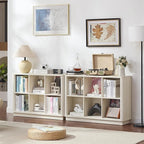 Joaxswe 6 Cube Bookcase, 40" Wide Horizontal 2-Tier Book Shelf w/Curved Edge, Wood Low Floor Standing Bookshelf with Base, Mo