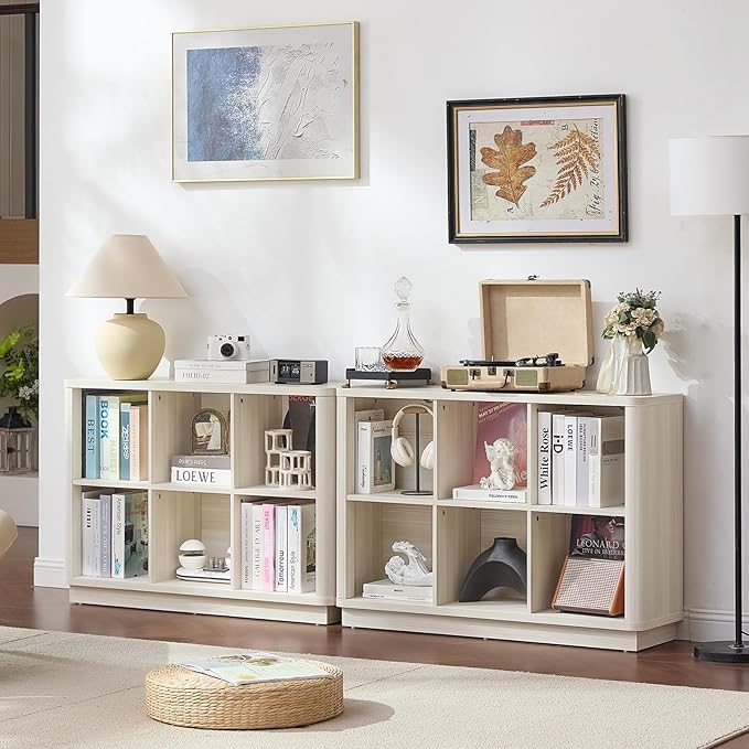 Joaxswe 6 Cube Bookcase, 40" Wide Horizontal 2-Tier Book Shelf w/Curved Edge, Wood Low Floor Standing Bookshelf with Base, Mo