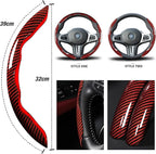 Car Steering Wheel Cover Set Bright Carbon Fiber Wrap Non-Slip 3pcs Steering Wheel Accessories 14.5-15 inch Universal (Red)
