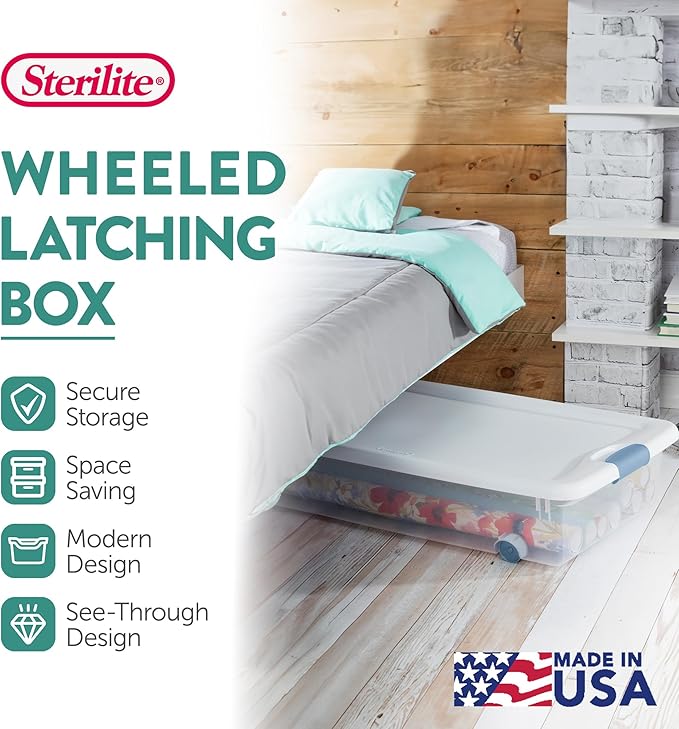 Sterilite 8-Pack Latching Box, Under Bed Storage Bins with Lids, Clear Plastic, 56 Quart - Heavy-Duty Organizing Containers f