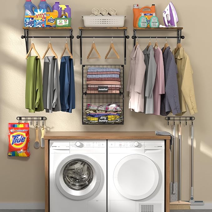 Laundry Room Shelves Wall Mounted with Wire Baskets, Over the Washer and Dryer Shelf with Clothes Drying Rack, Wire Shelves B