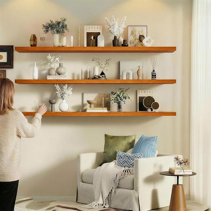 IEO Long Wooden Floating Shelves for Room Wall, Natural Wood Floating Shelves Wall Mounted Kitchen Shelf for Living Room, Bed