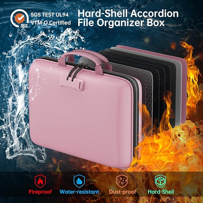 DocSafe Fireproof File Organizer with Lock, Hard-Shell Case Fireproof Document Box with 13 Pocket Accordion File Folder, Port