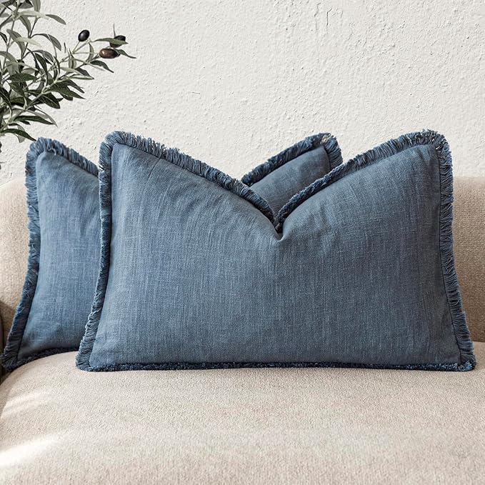 Foindtower Set of 2 Decorative Linen Fringe Lumbar Throw Pillow Covers Farmhouse Cushion Cover with Tassels Accent Pillowcase