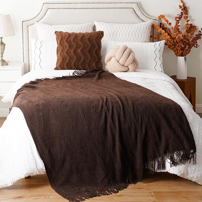 BATTILO HOME Brown Throw Blanket for Couch, Chocolate Knit Decorative Boho Throw for Home, Bed, 50"x60"