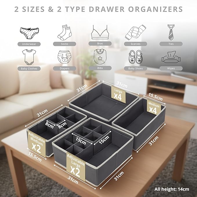 DECOMOMO Drawer Organizer for Baby – Clothes Organizer & Storage Dividers for Nursery, Storage Bins for Underwear, Bra, Socks