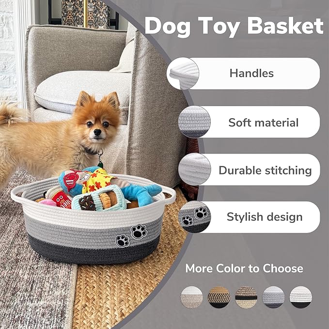 Dog Toy Basket Gift Basket Empty, Woven Storage Baskets for Towels, Cute Dog Storage Bins with Handles, Small Cotton Rope Bas