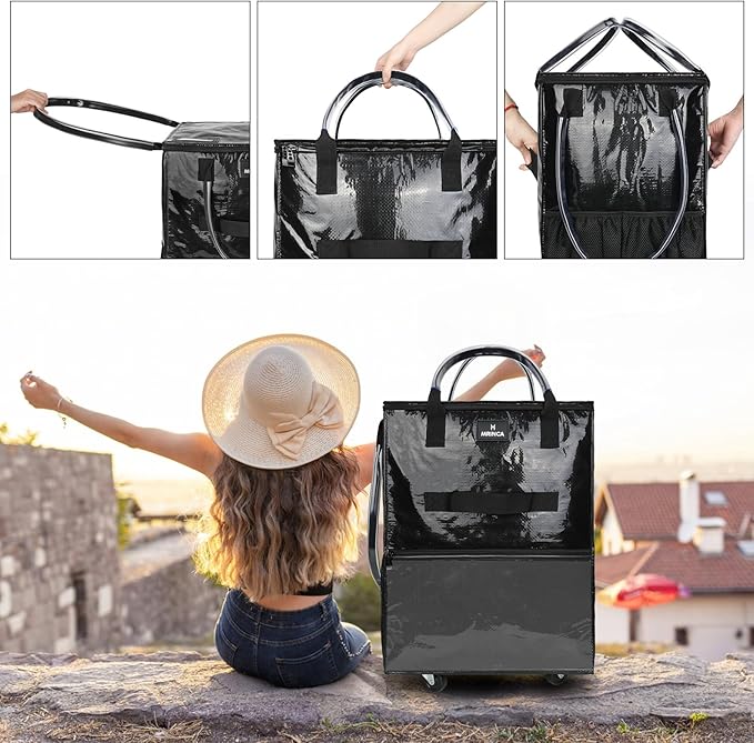 Large Rolling Tote Bag with Wheels, 130L Foldable Shopping Cart & Grocery Bag, 5 Swivel Wheels & 3 Handles, Multiple Pockets & Zippered Closure, Heavy Duty for Laundry, Moving, Travel, Camping, Black
