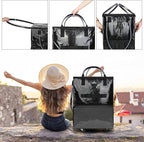 Large Rolling Tote Bag with Wheels, 130L Foldable Shopping Cart & Grocery Bag, 5 Swivel Wheels & 3 Handles, Multiple Pockets & Zippered Closure, Heavy Duty for Laundry, Moving, Travel, Camping, Black