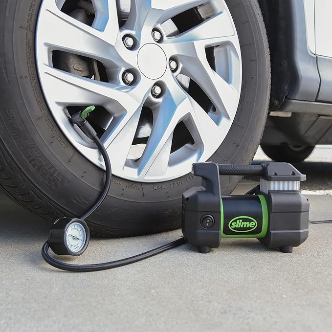 Slime 40031 Tire Inflator, Portable Car, SUV, 4x4 Air Compressor, Pro Power, Heavy Duty, with Analog 150 psi Dial Gauge, Long Hose and LED Light, 12V, 3 min inflation
