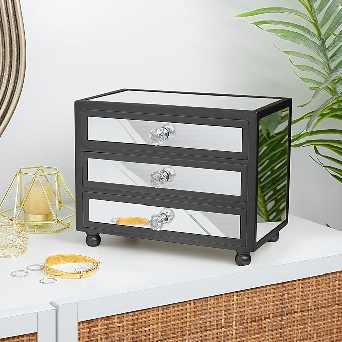 Gifturbo 3-Tier Mirror Black Jewelry Box,Jewelry Organizer Glass with 3 Drawers for Big and Small Jewelry, Jewelry Storage, M