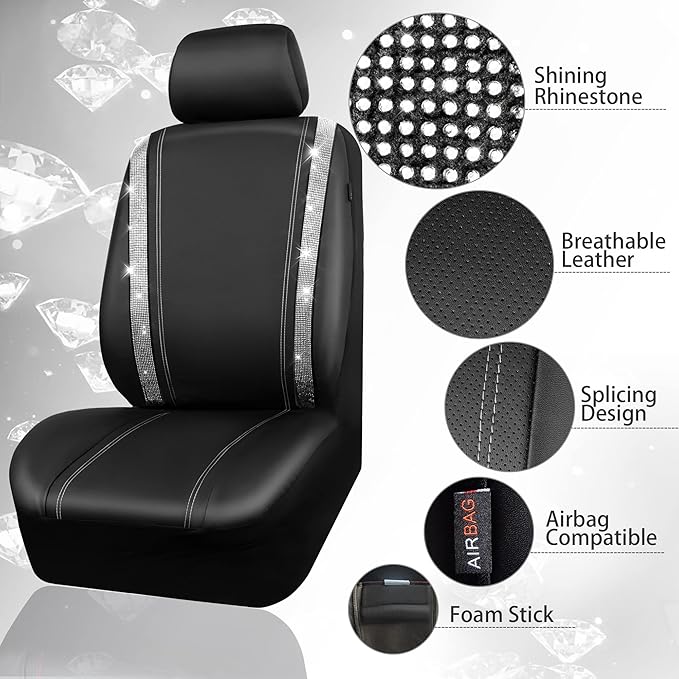 CAR PASS Bling Diamond Leather Car Seat Covers Sets 11 pcs,Bling Diamond Car Accessories for Women, Sparkly Rhinestone Steeri