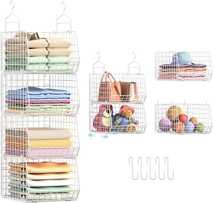 4" Extra Deeper Foldable Hanging Closet Organizer, Small Wire Cabinet Shelves and Storage with 5 S Hooks,4 Tier Metal Basket 