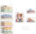 4" Extra Deeper Foldable Hanging Closet Organizer, Small Wire Cabinet Shelves and Storage with 5 S Hooks,4 Tier Metal Basket 