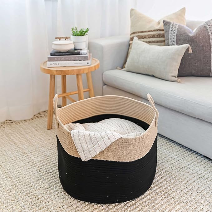 OrganiHaus Large Woven Storage Basket for Blankets and Toys 20" x 13" Inch, Rope Laundry Basket with Handles, Cushions & Pill
