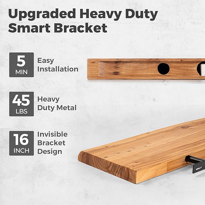 RICHFOCUS Live Edge Elm Floating Shelves - 24" W x 9.3" D Rustic Solid Wood Wall Shelves with Invisible Bracket, Wall-Mounted