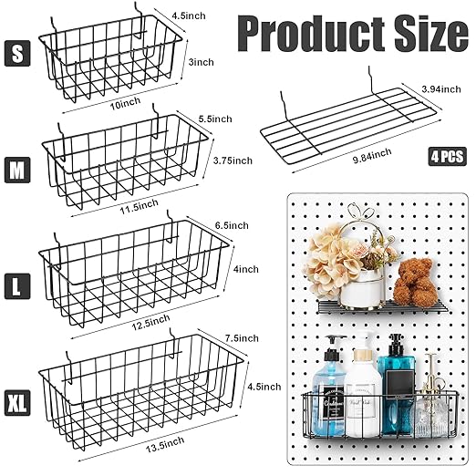 Tioncy 8 Pieces Pegboard Baskets and Shelves Pegboard Bins Wall Organizer Peg Board Racks Wire for Organizing Various Tools A