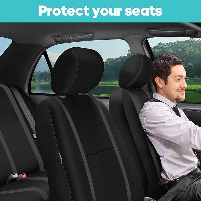 FH Group Unique Flat Cloth Full Set Car Seat Covers w. Silicone Steering Wheel Cover- Universal Fit for Most Cars, Trucks, SUVs or Vans (Black)